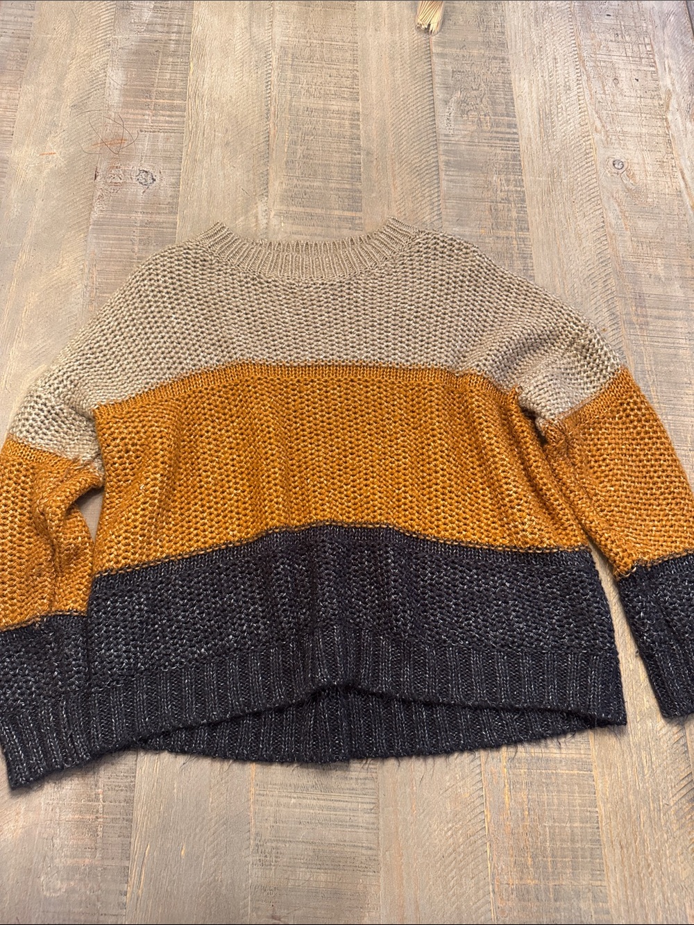 Colorblock Crewneck Sweater in Taupe, Mustard & Charcoal